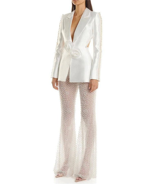 SET057 Floral Pearl Blazer & Glitter Mesh Pants Ensemble
