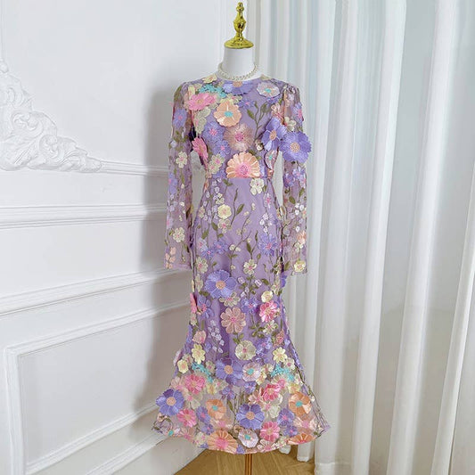 DR947Y 2026 mbroidered 3D Floral Waist Fit Long Sleeve Dress