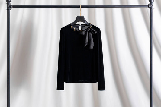 TP56Y Velvet Bow Long-Sleeve Lightweight Flocked Top