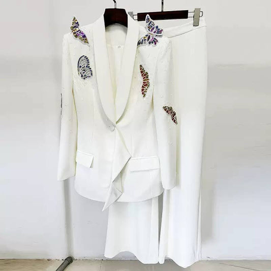 SET1Y Beaded Butterfly Blazer & Trousers Set - Elegant Wear