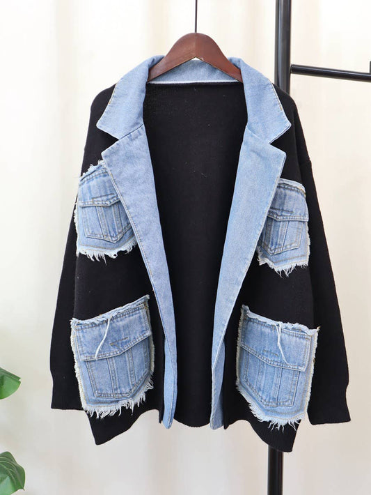 JP26 2025 Autumn Denim Patchwork Casual Knit Cardigan