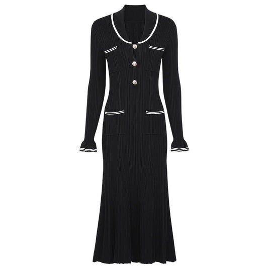 77Y Contrast Trim Knit Dress with Pockets and Button Detail