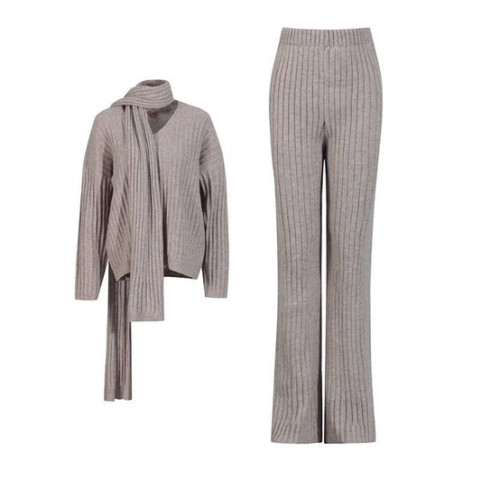 SET271 V-Neck Knit Sweater and High-Waist Straight Pants Set