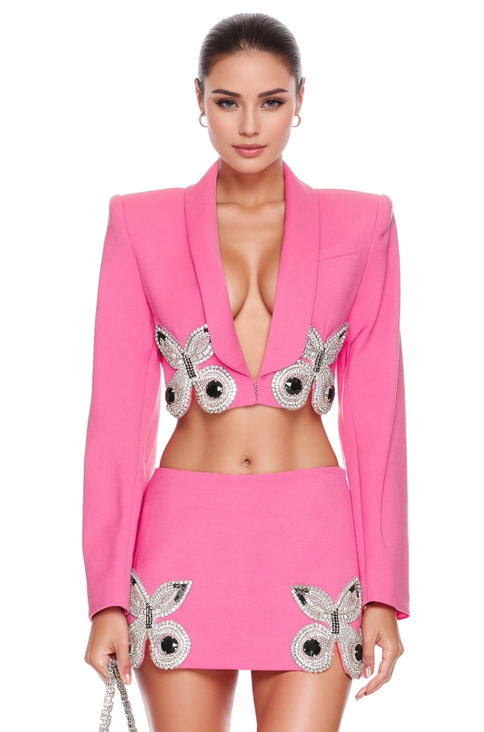 SET046 Diamond Butterfly Beaded Crop Blazer & Skirt Set
