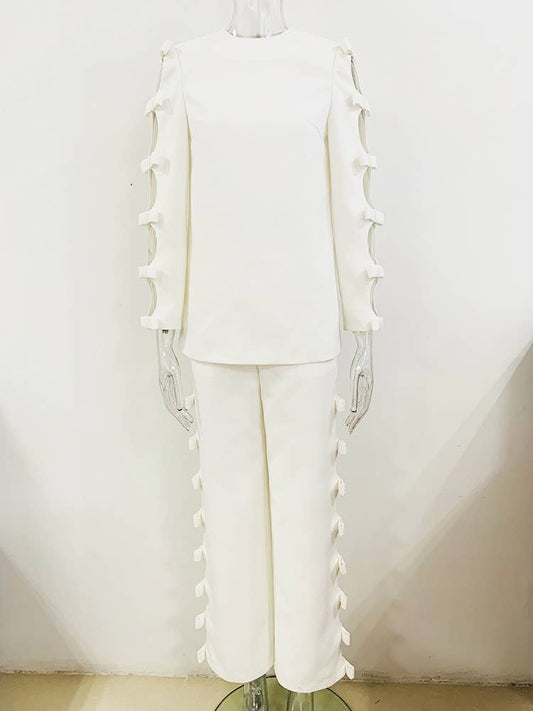 SET095 Chic Bow-Top & Pants Set - Elegance for Every Occasio