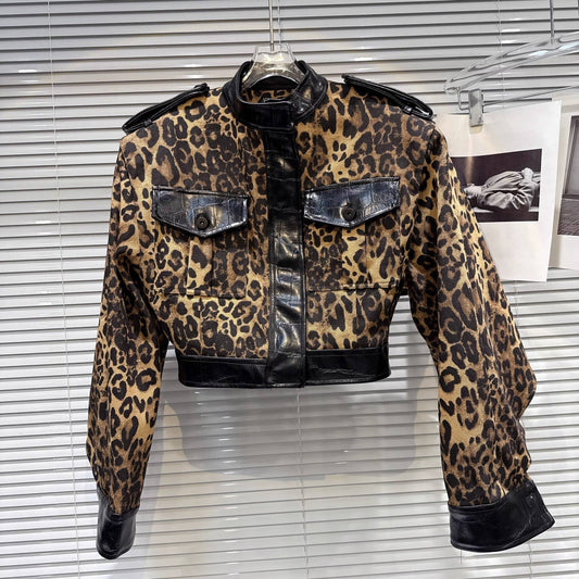 JK165Y Leopard Patch Faux Croc Leather Street Style Jacket