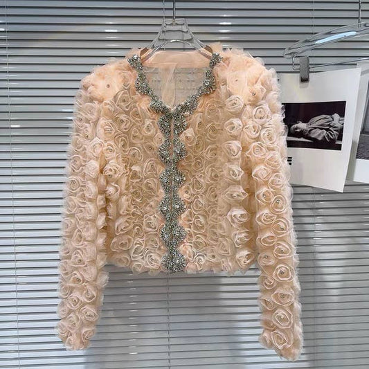 JK185Y Autumn Mesh Floral Jacket with Rhinestone Embellishme