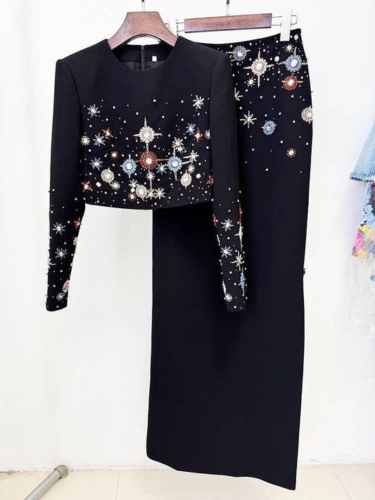 SET75Y Handmade Beaded Crop Top & Long Skirt Formal Set