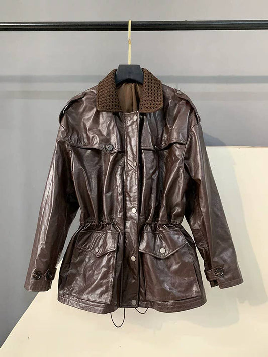 103Y Women¡¯s Waxed Leather Drawstring Waist Mid-Length Coat