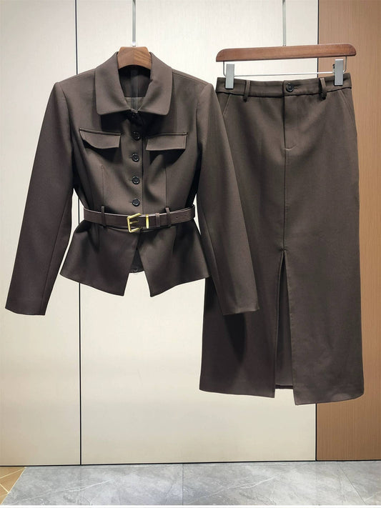 113Y Elegant Wool Blazer and Split Skirt Two-Piece Set