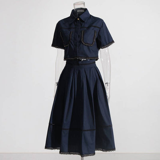 SET166 Lapel Shirt & Lace Skirt Set - Elegance Redefined