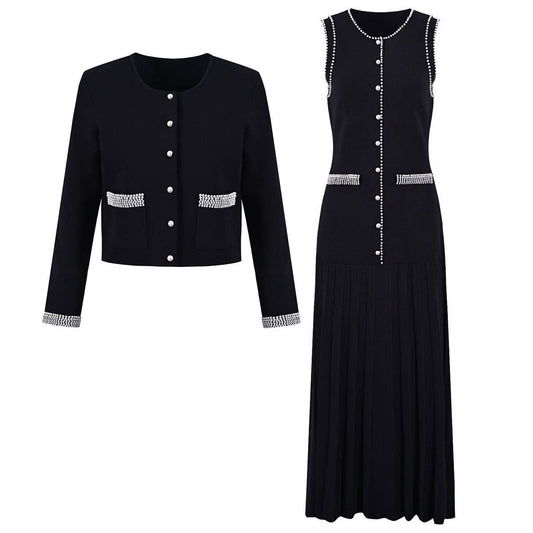 SET191Y Pearl Trim Knit Jacket & Pleated Sleeveless Dress Se