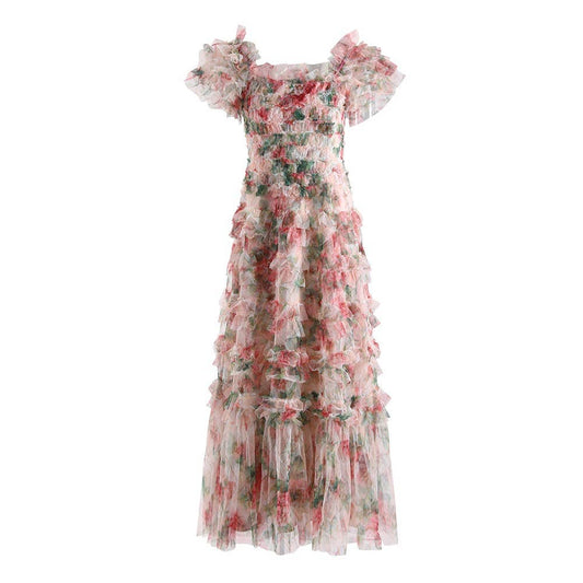 DR953Y Floral Mesh Maxi Dress Elegant Vacation Style