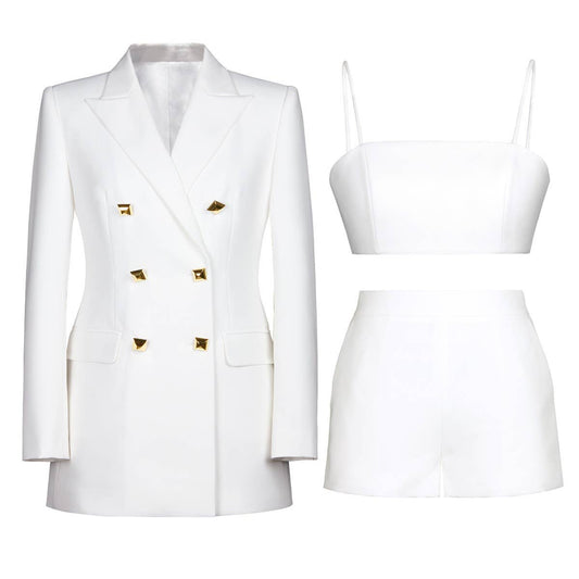 SET061 Three-Piece Suit with Blazer, Crop Top, and Shorts