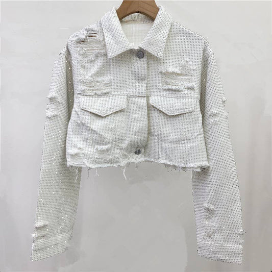 JK143 Glam Ripped Pink Denim Jacket with Diamond Accents