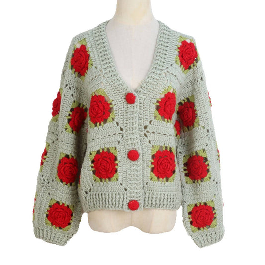 TP50 Hand-Crocheted Rose Wool Cardigan ¨C Hollow V-Neck