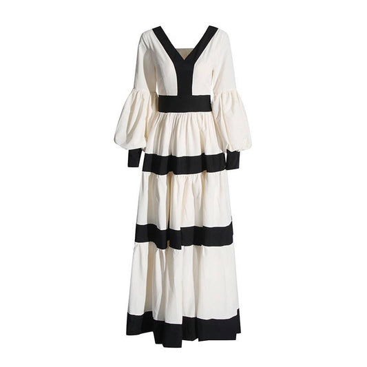 DR519 Elegant V-neck Lantern Sleeve Contrast Long Dress