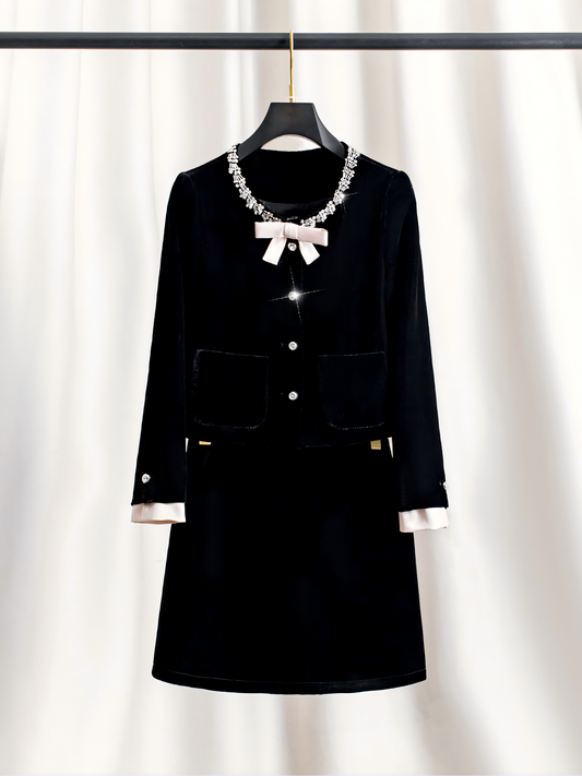 SET273Y Black Velvet Beaded V-Neck Top and Mini Skirt Set