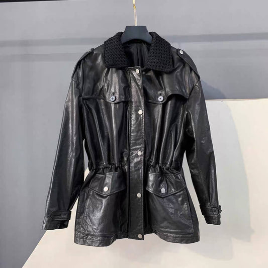 103Y Women¡¯s Waxed Leather Drawstring Waist Mid-Length Coat