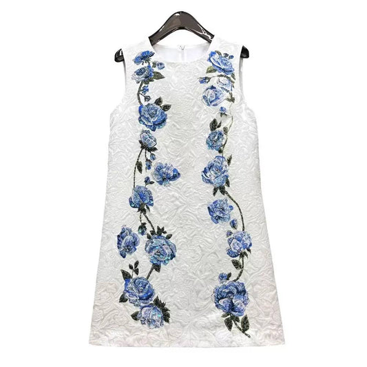 38Y Elegant Jacquard Vest Dress with Diamond Accents & Print