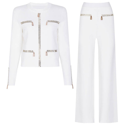 102Y Sparkling Rhinestone Knit Jacket and Relaxed Pants Set