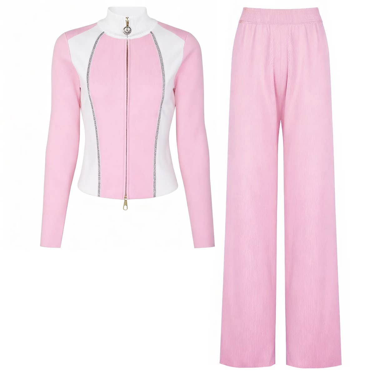 SET223Y Spring Autumn Knit Zipper Jacket Top and Slim Pants