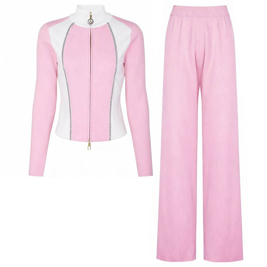 SET223Y Spring Autumn Knit Zipper Jacket Top and Slim Pants