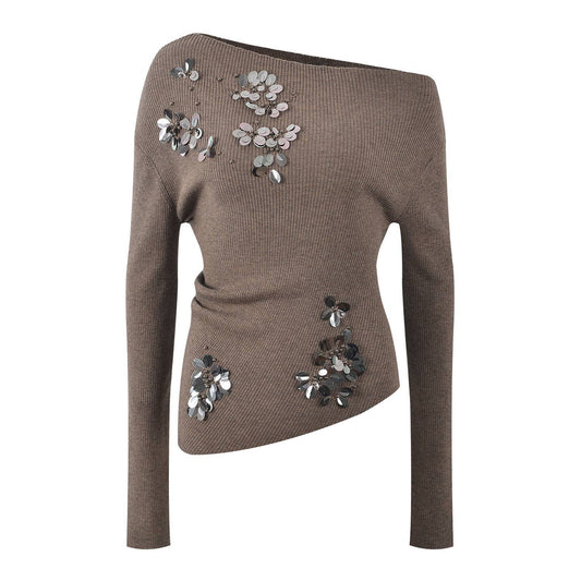 JK258 Elegant Grey Off-Shoulder Knit Top with Floral Beads