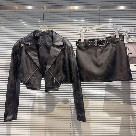SET220Y PU Leather Jacket & Studded Skirt Set ¨C Fall Edge