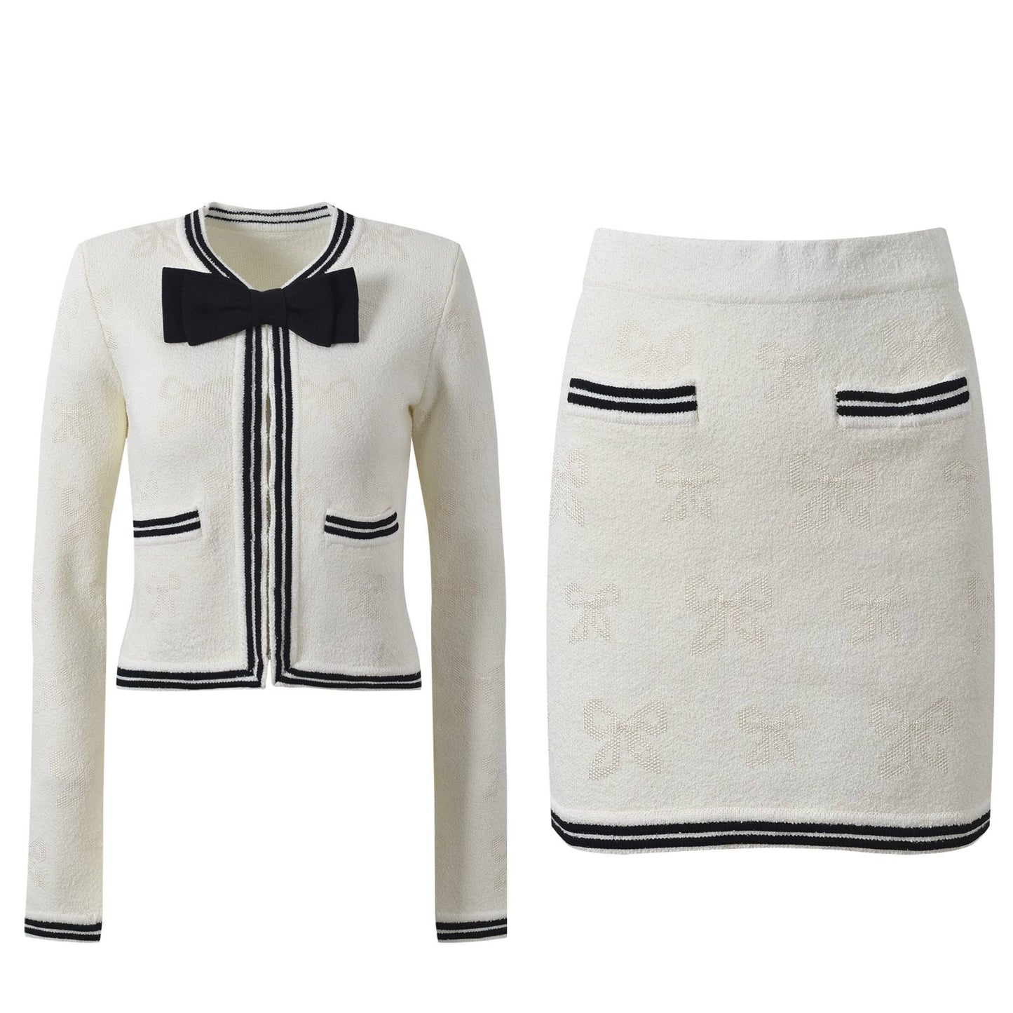 SET233 Bow-Trim Knit Cardigan & Jacquard Skirt Set