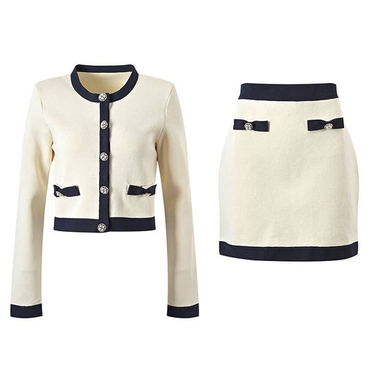 SET217 Ivory Contrast Knit Set ¨C Bow Detail Jacket & Skirt