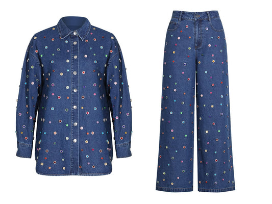 SET188 Handcrafted Beaded Denim Set with Sparkling Accents