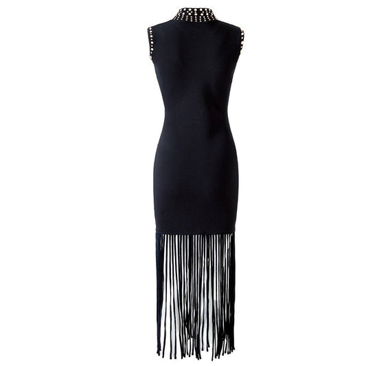 DR950Y Rhinestone Knit Sleeveless Fringe Hem Maxi Dress