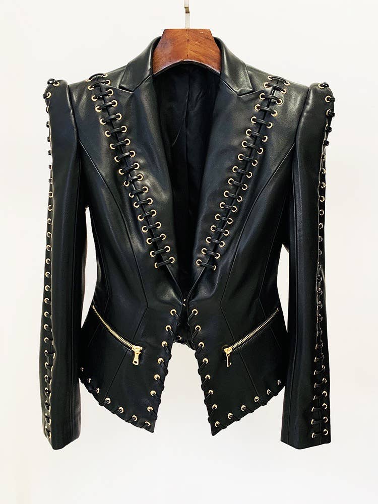 JK044 Chic Eyelet Leather Blazer: Edgy Elegance