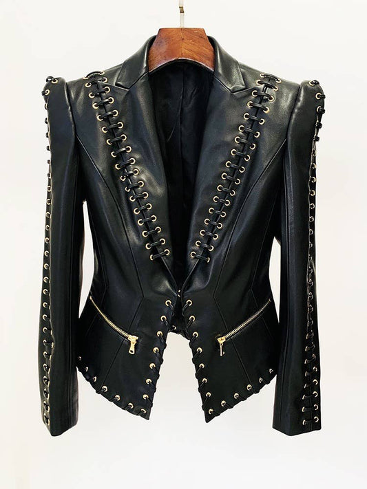 JK044 Chic Eyelet Leather Blazer: Edgy Elegance