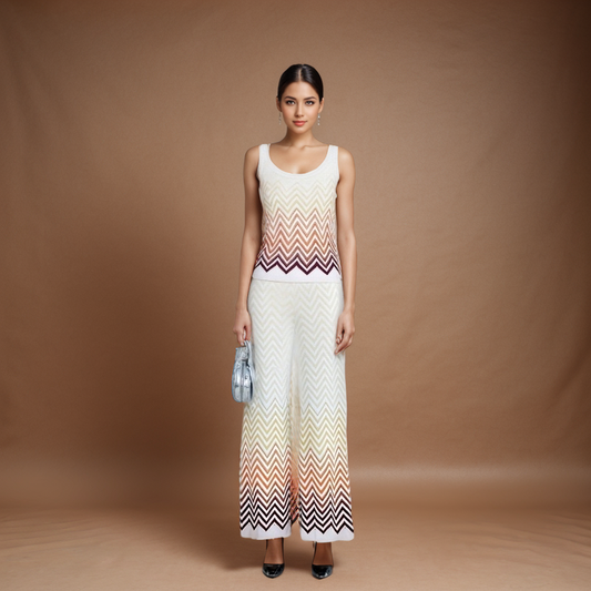 SET74 Sleeveless Wave Stripe Knit Set with High Waist Pants