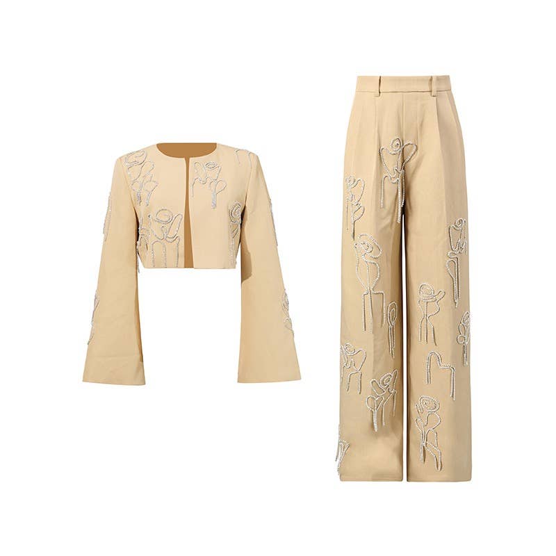 SET266 Embroidered Cropped Jacket & Wide-Leg Pants Set
