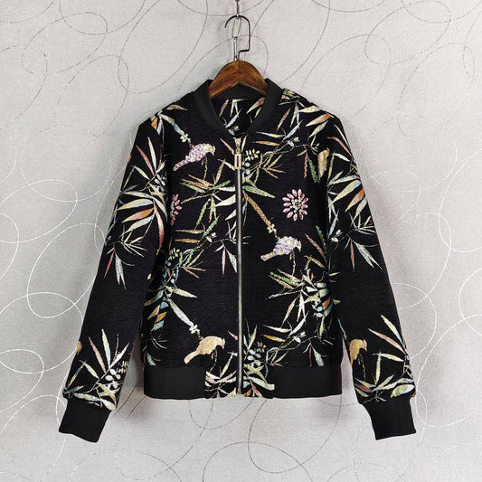 JK227Y Sequin Beaded Bamboo Print High-Neck Short Jacket