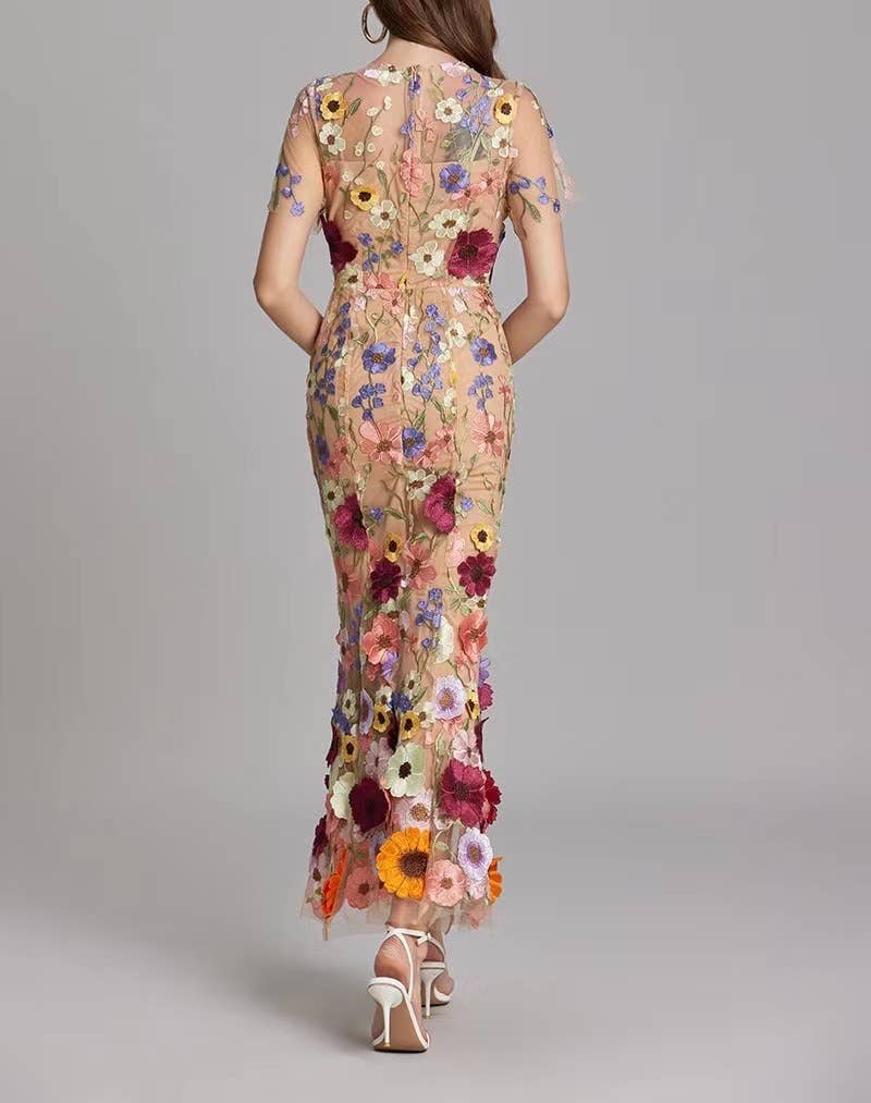 DR0270Y Elegant Floral Mesh Fishtail Dress for Women