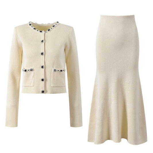 SET222 Beaded Button Knit Top & Mermaid Skirt Set ¨C Cream