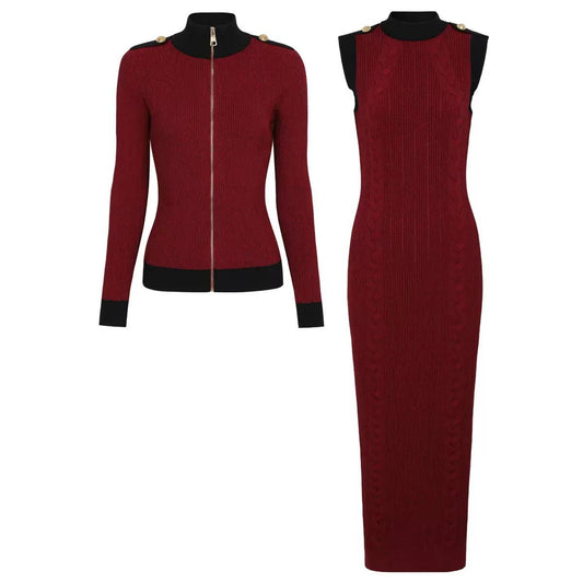 57Y Elegant Knit Duo: Zip Cardigan & Sleeveless Dress Set