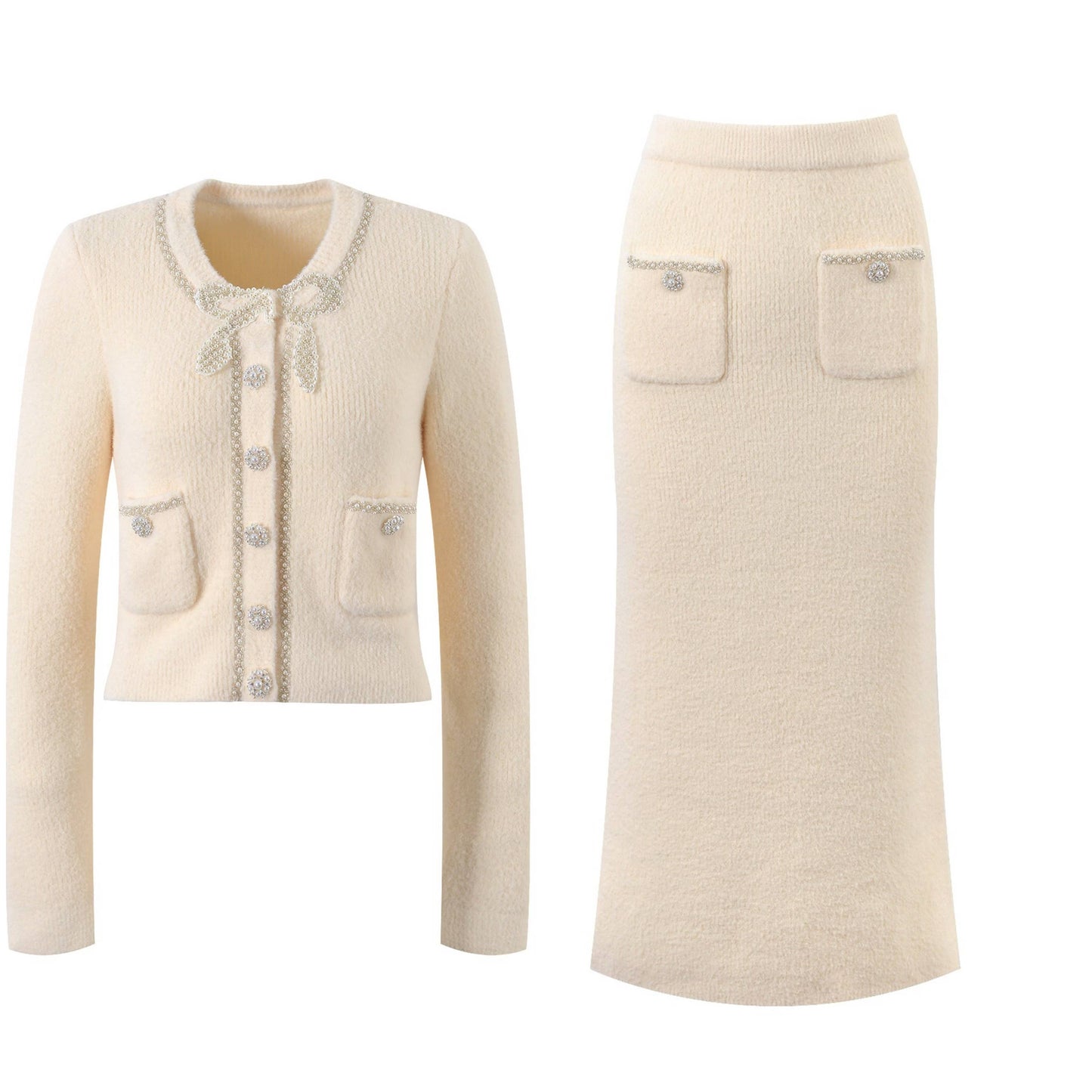 SET247 Autumn Tweed Knit Set with Pearls and Bow Details