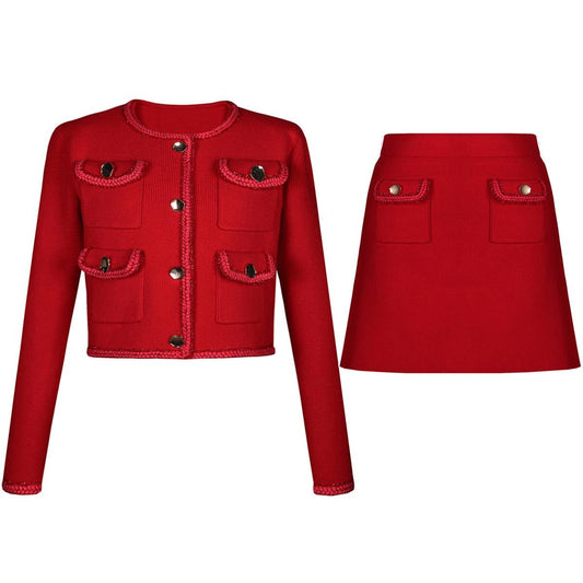 SET219Y 2025 Pink Knit Jacket & Mini Skirt Set for Women