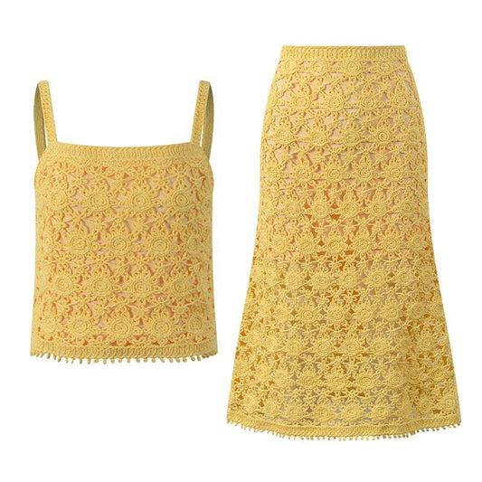SET210 Handmade Crochet Knit Hollow Camisole and Skirt Set