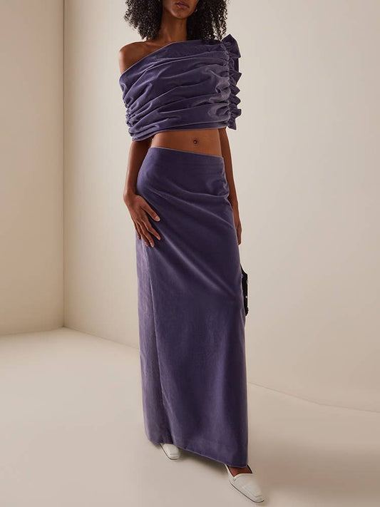 SET275Y Velvet Ruched Top & Maxi Skirt Set