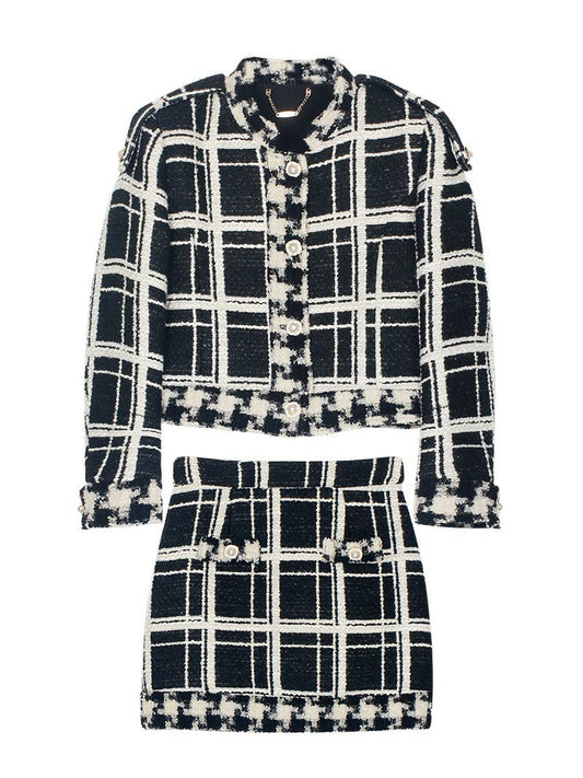 SET190Y Contrast Plaid Wool Tweed Jacket & Skirt Set