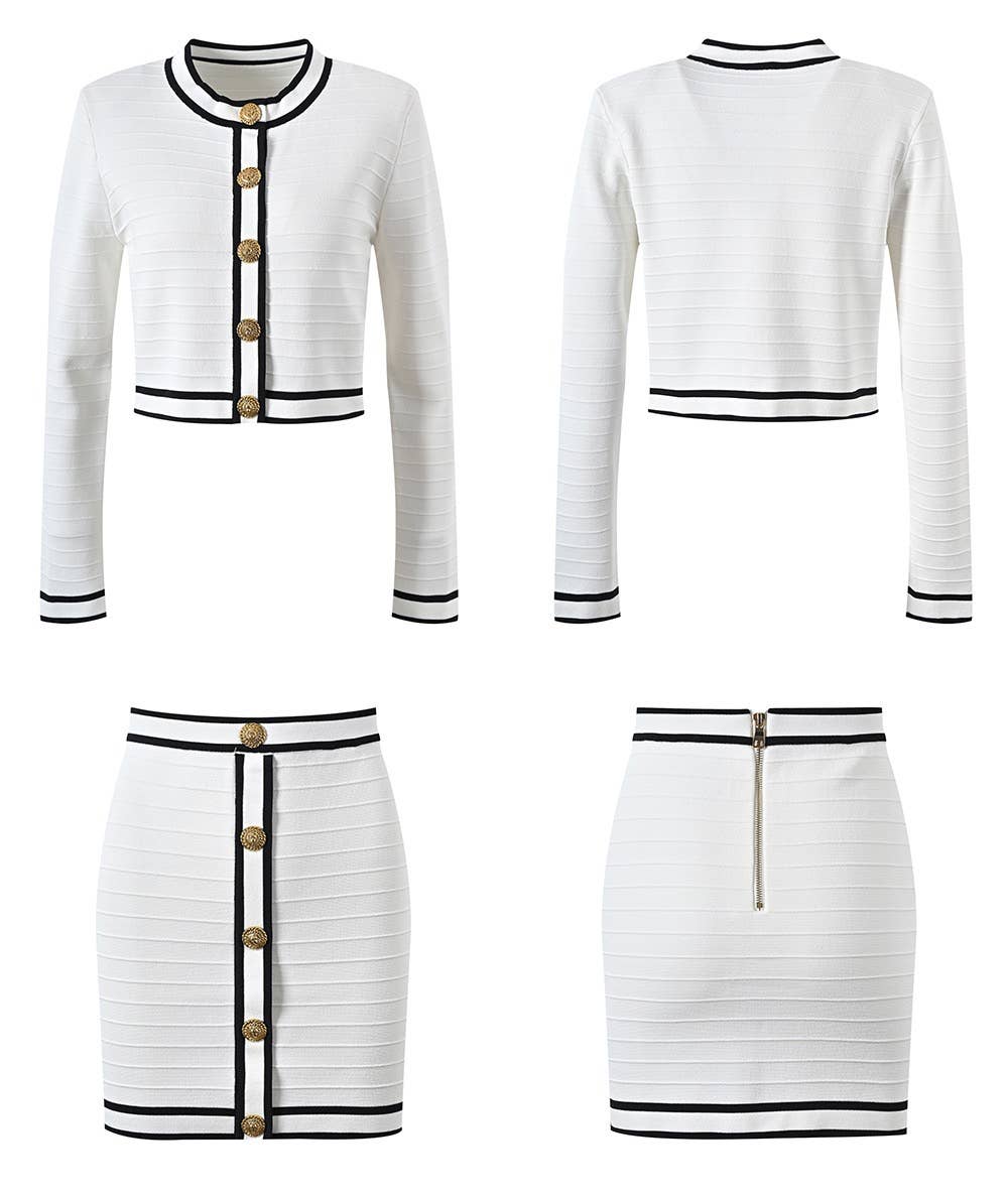 SET157 Stylish Knit Cardigan & Skirt Set - Single-Breasted