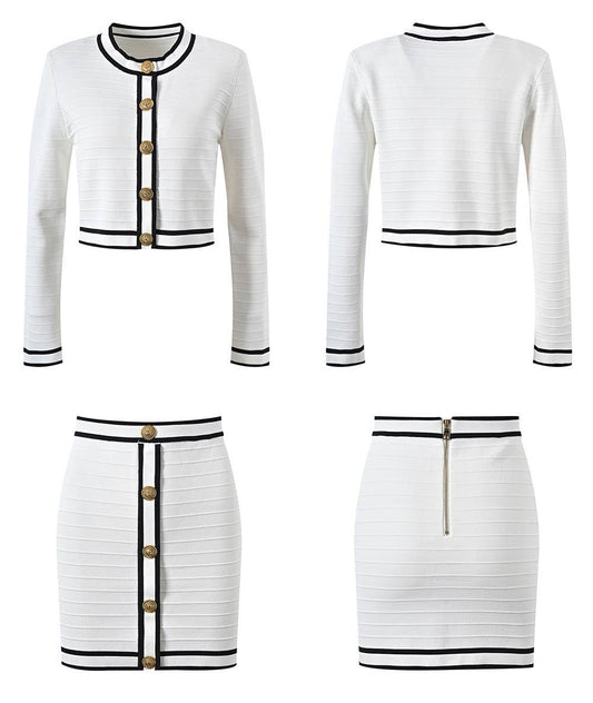 SET157 Stylish Knit Cardigan & Skirt Set - Single-Breasted