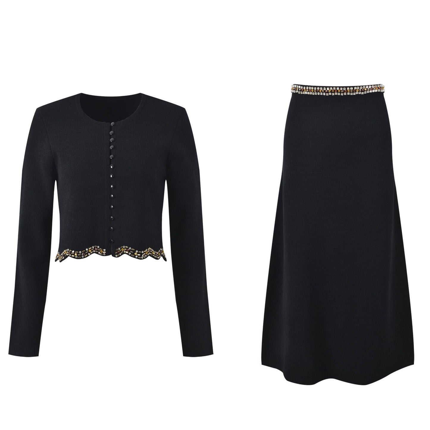 SET235 Black Knit Set with Scalloped Trim & Gem Details