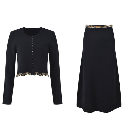 SET235 Black Knit Set with Scalloped Trim & Gem Details
